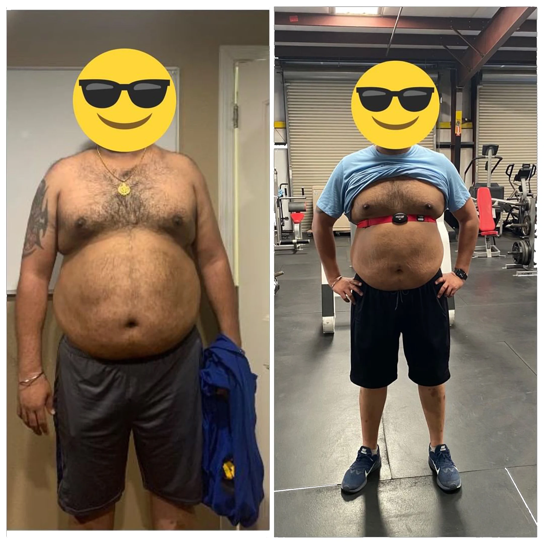 Side-by-side before and after photos of a client who trained with Coach Fe. His face is covered for privacy.