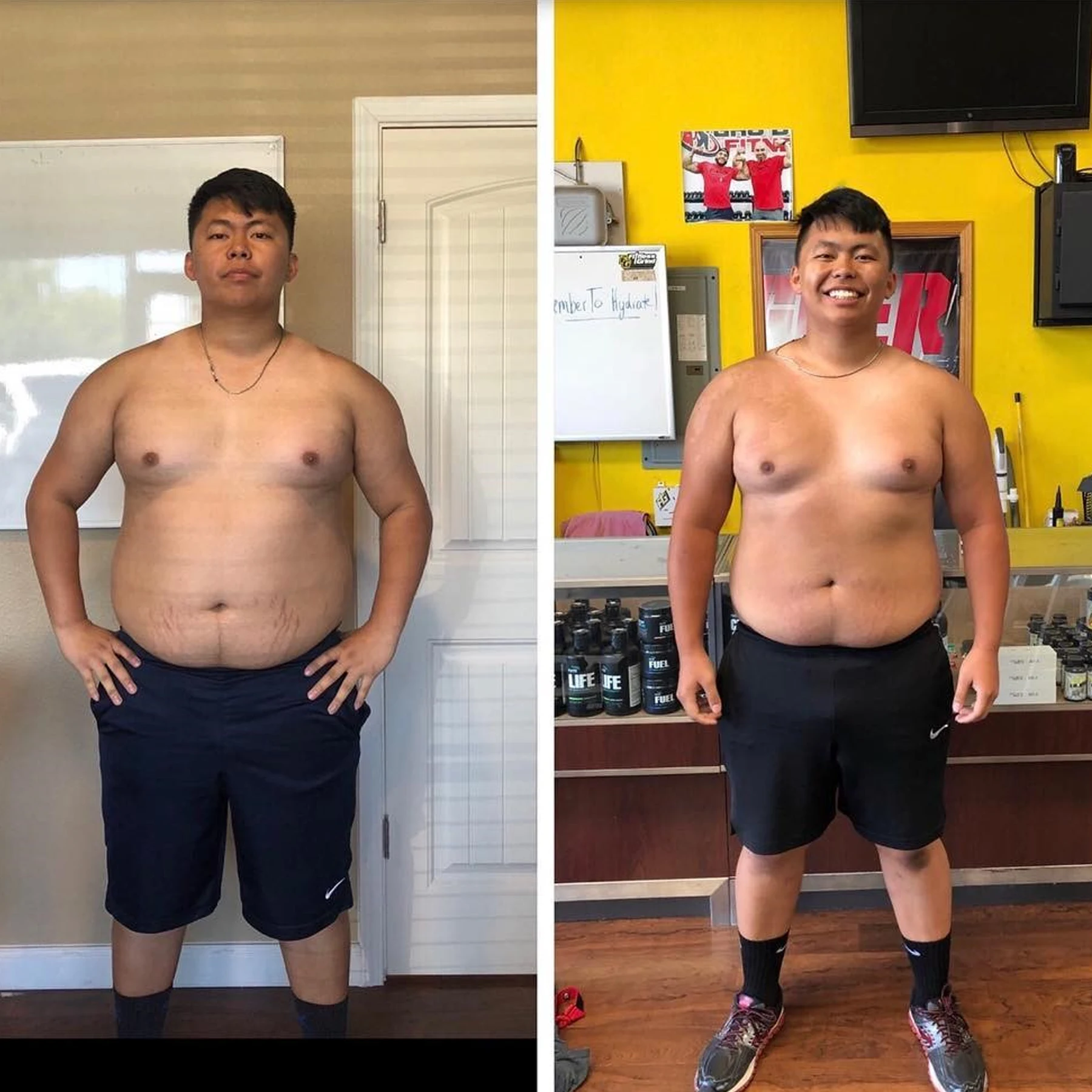 Side-by-side before and after photos of a shirtless client who trained with Coach Fe. The left photo is labeled Before and the right photo is labeled After.